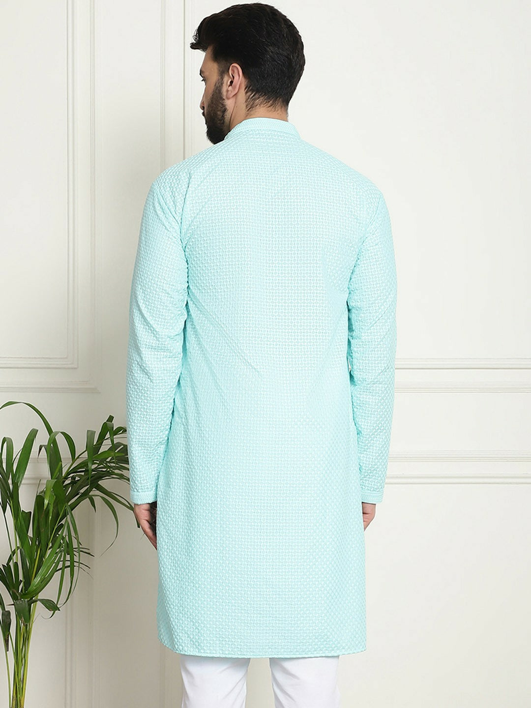 Turquoise Blue Geometric Embroidered Kurta for Men – Pure Cotton, Mandarin Collar, Knee-Length | Indiaista