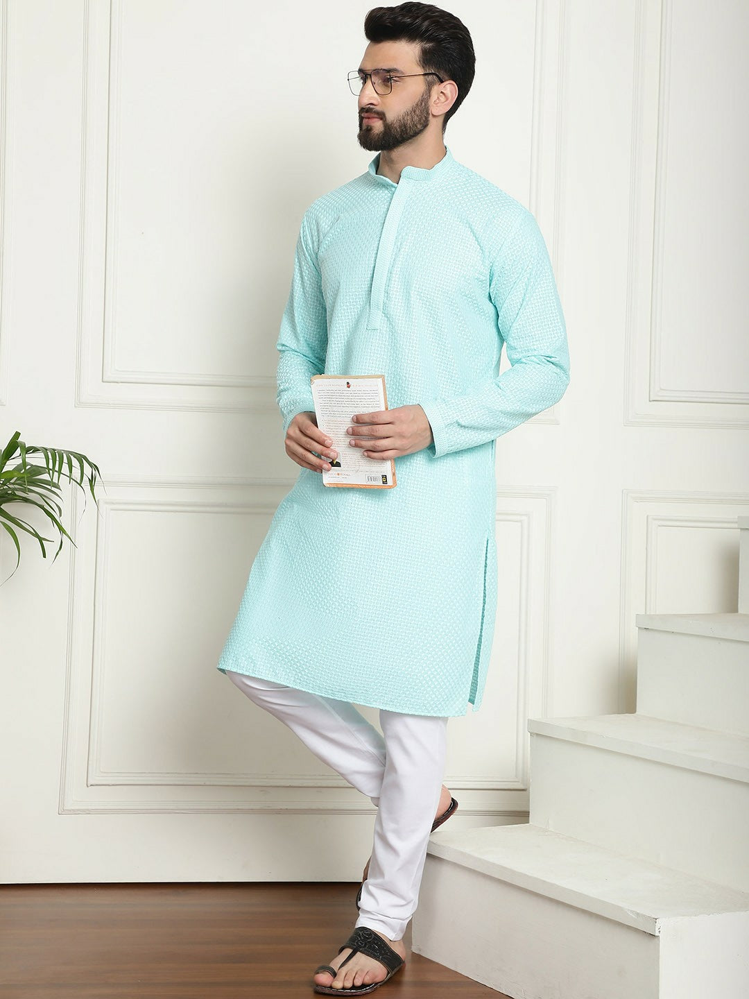 Turquoise Blue Geometric Embroidered Kurta for Men – Pure Cotton, Mandarin Collar, Knee-Length | Indiaista