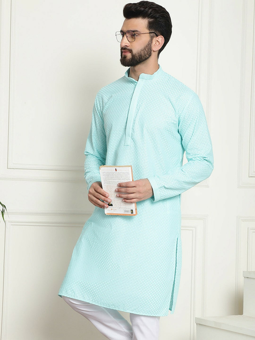 Turquoise Blue Geometric Embroidered Kurta for Men – Pure Cotton, Mandarin Collar, Knee-Length | Indiaista