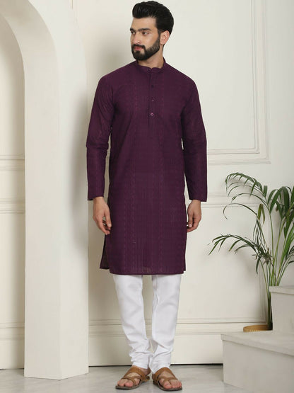 Purple Men’s Geometric Embroidered Kurta – Pure Cotton, Mandarin Collar, Thread Work | Indiaista