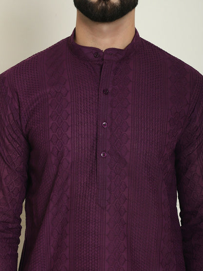 Purple Men’s Geometric Embroidered Kurta – Pure Cotton, Mandarin Collar, Thread Work | Indiaista