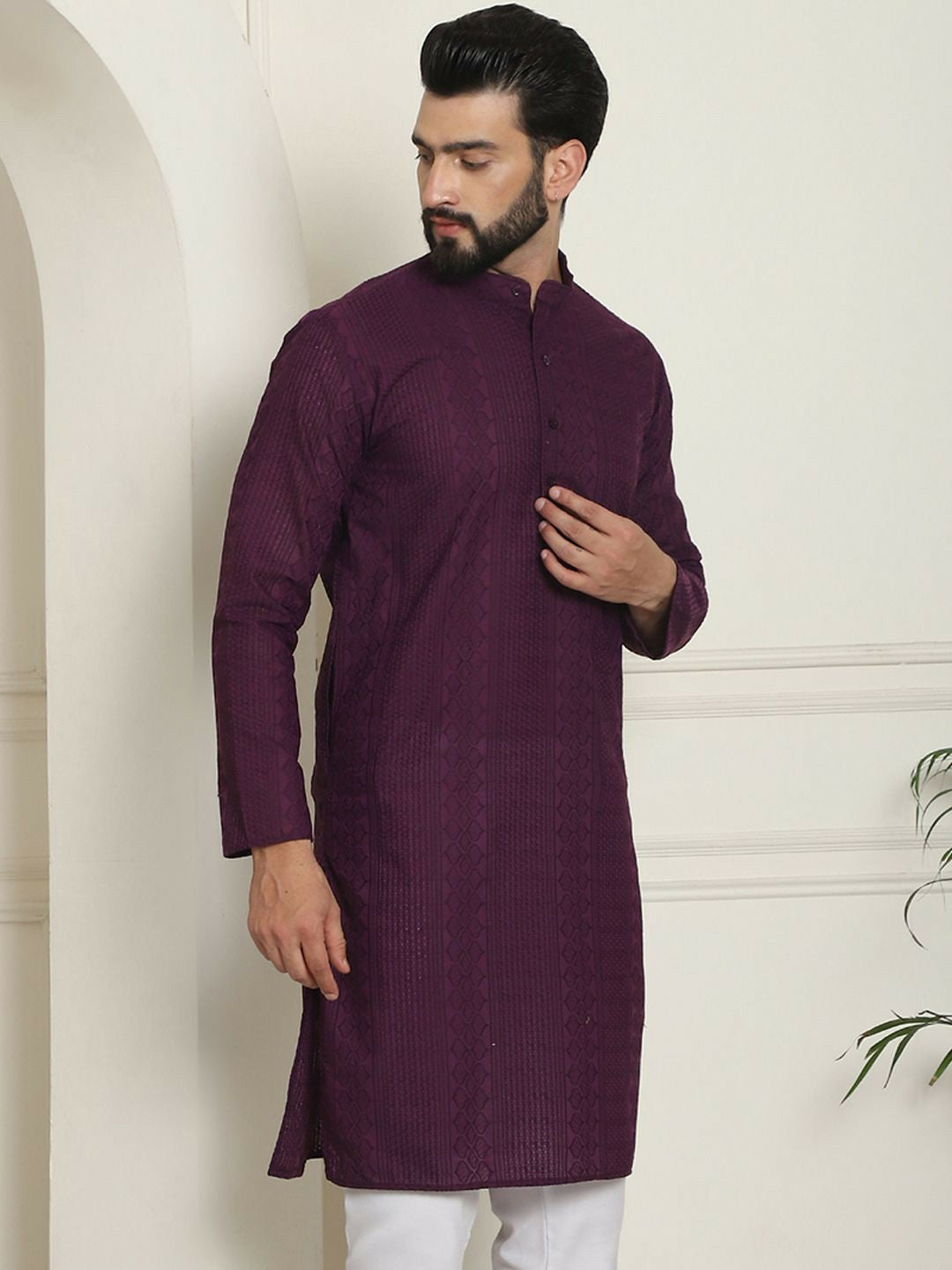 Purple Men’s Geometric Embroidered Kurta – Pure Cotton, Mandarin Collar, Thread Work | Indiaista