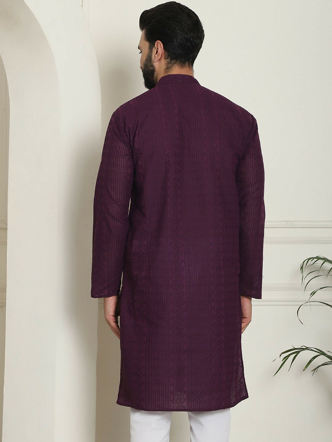 Purple Men’s Geometric Embroidered Kurta – Pure Cotton, Mandarin Collar, Thread Work | Indiaista