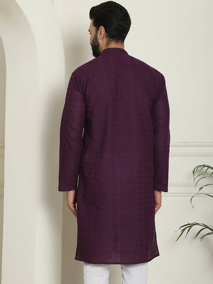 Purple Men’s Geometric Embroidered Kurta – Pure Cotton, Mandarin Collar, Thread Work | Indiaista