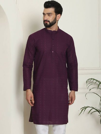 Purple Men’s Geometric Embroidered Kurta – Pure Cotton, Mandarin Collar, Thread Work | Indiaista