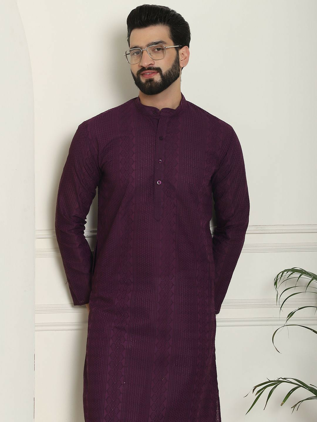 Purple Men’s Geometric Embroidered Kurta – Pure Cotton, Mandarin Collar, Thread Work | Indiaista