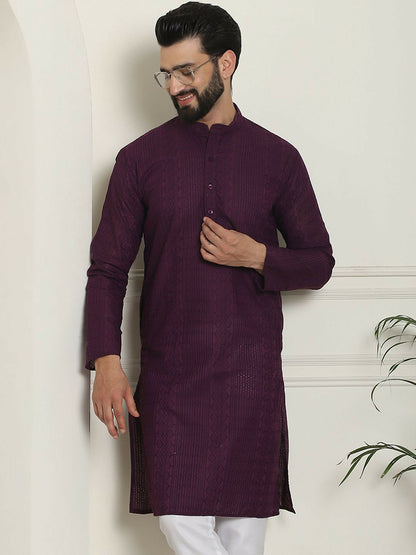 Purple Men’s Geometric Embroidered Kurta – Pure Cotton, Mandarin Collar, Thread Work | Indiaista