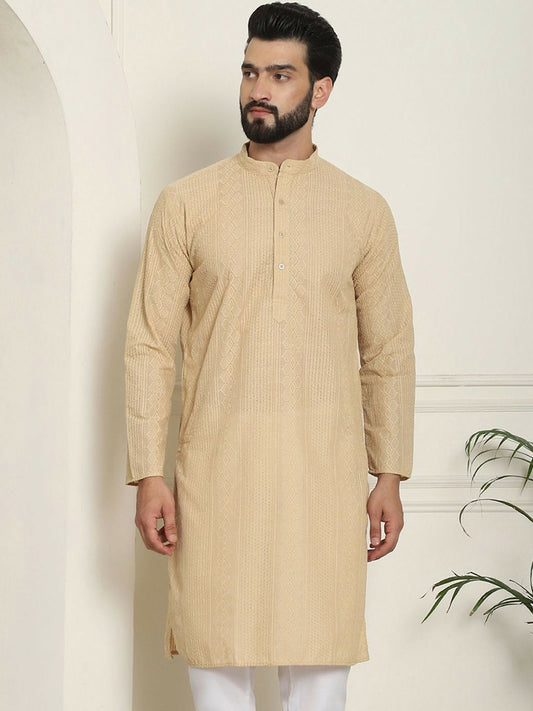 Beige Geometric Embroidered Men’s Kurta – Mandarin Collar, Thread Work, Knee-Length Pure Cotton Kurta | Indiaista