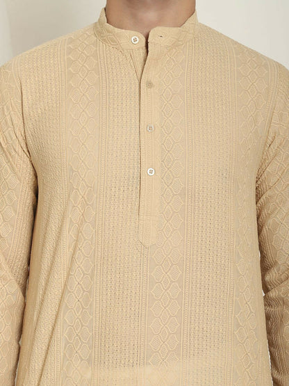 Beige Geometric Embroidered Men’s Kurta – Mandarin Collar, Thread Work, Knee-Length Pure Cotton Kurta | Indiaista