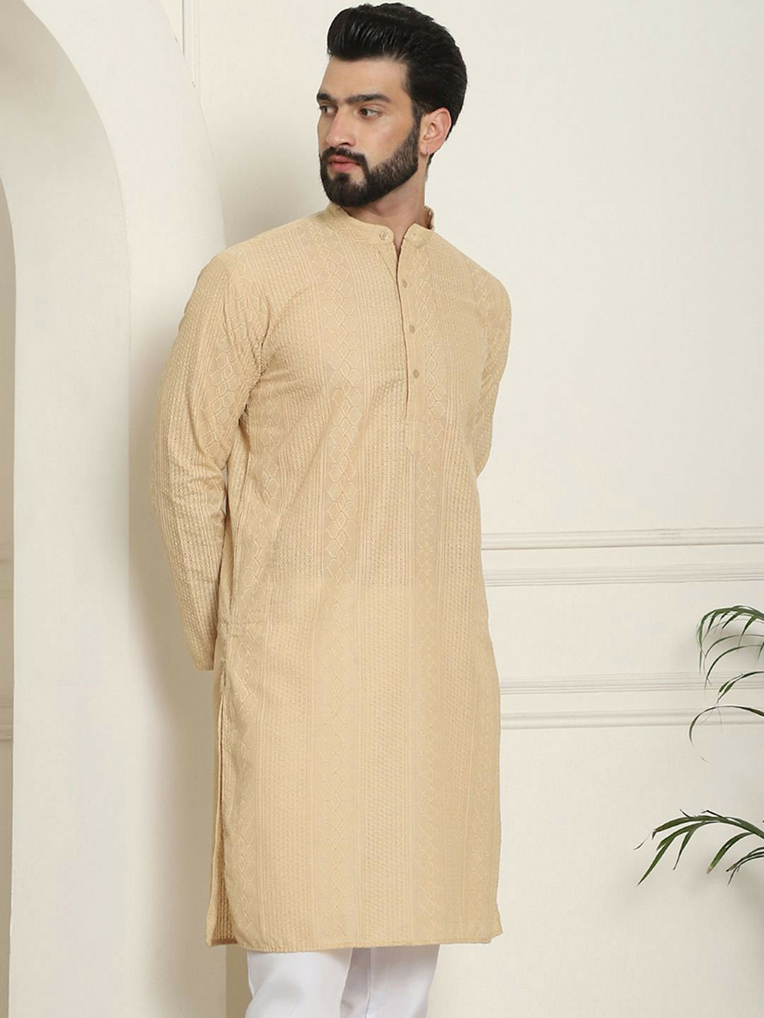 Beige Geometric Embroidered Men’s Kurta – Mandarin Collar, Thread Work, Knee-Length Pure Cotton Kurta | Indiaista