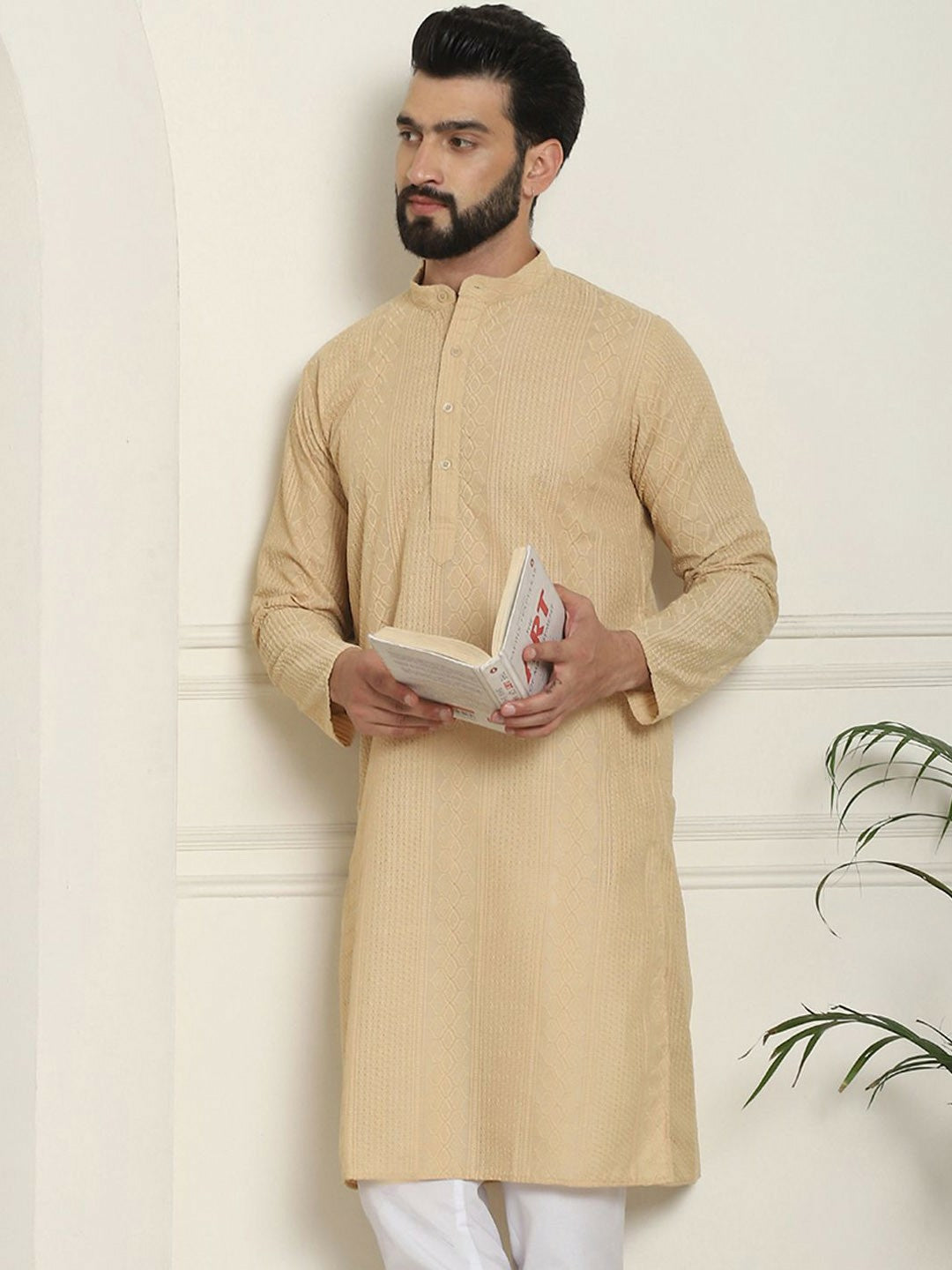 Beige Geometric Embroidered Men’s Kurta – Mandarin Collar, Thread Work, Knee-Length Pure Cotton Kurta | Indiaista