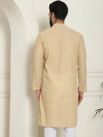 Beige Geometric Embroidered Men’s Kurta – Mandarin Collar, Thread Work, Knee-Length Pure Cotton Kurta | Indiaista