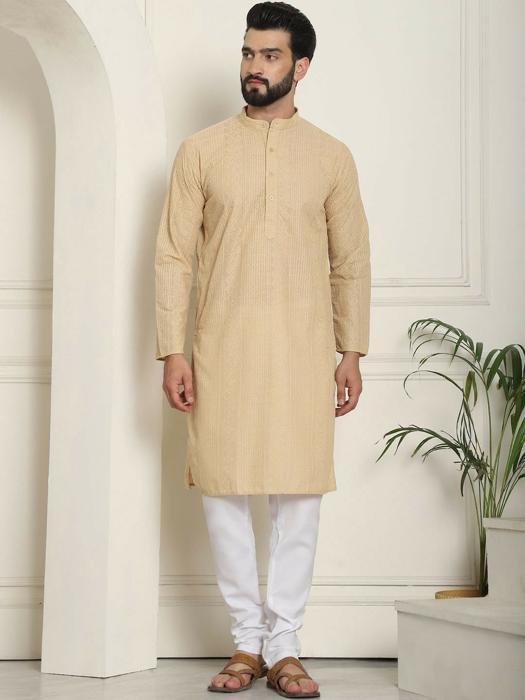 Beige Geometric Embroidered Men’s Kurta – Mandarin Collar, Thread Work, Knee-Length Pure Cotton Kurta | Indiaista