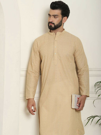 Beige Geometric Embroidered Men’s Kurta – Mandarin Collar, Thread Work, Knee-Length Pure Cotton Kurta | Indiaista