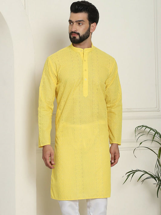 Men's Yellow Geometric Embroidered Kurta – Mandarin Collar, Cotton, Straight Hem, Thread Work Detail | Indiaista