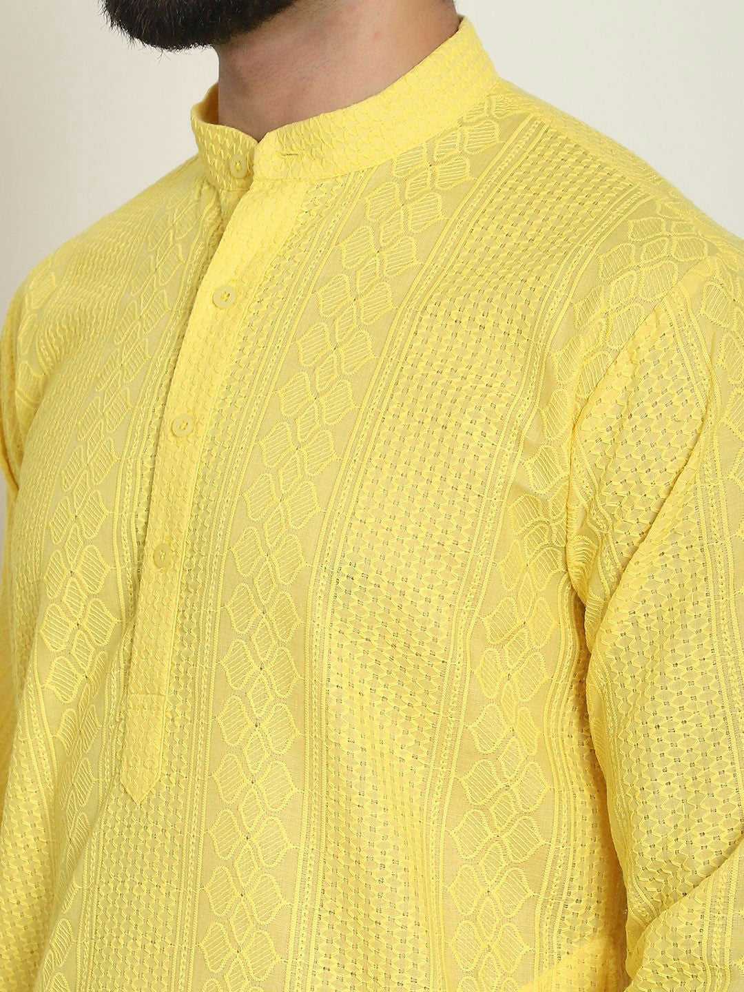 Men's Yellow Geometric Embroidered Kurta – Mandarin Collar, Cotton, Straight Hem, Thread Work Detail | Indiaista