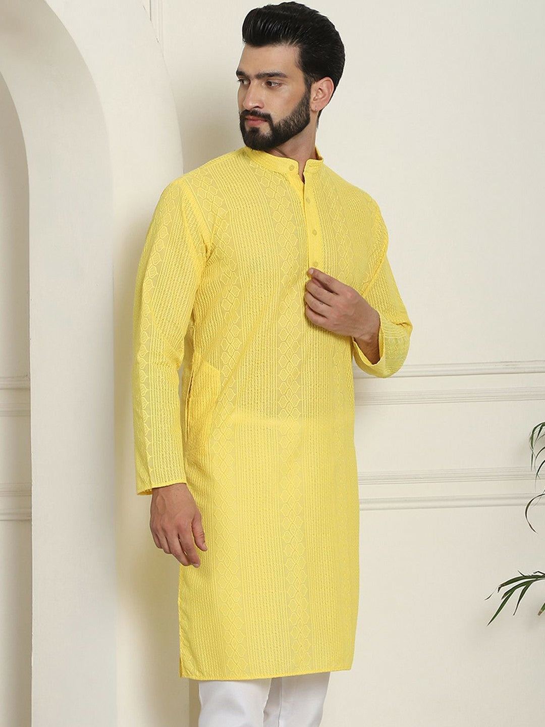 Men's Yellow Geometric Embroidered Kurta – Mandarin Collar, Cotton, Straight Hem, Thread Work Detail | Indiaista