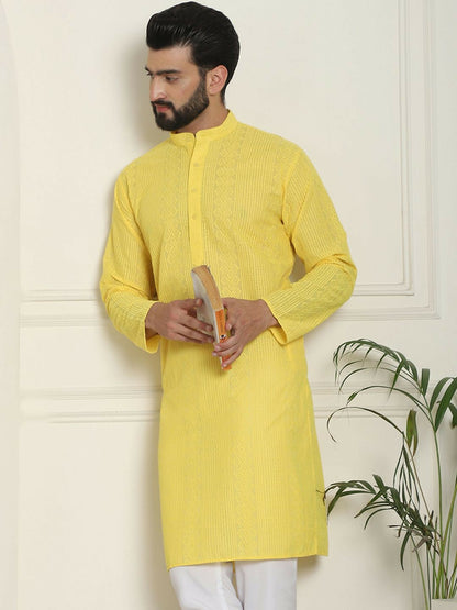 Men's Yellow Geometric Embroidered Kurta – Mandarin Collar, Cotton, Straight Hem, Thread Work Detail | Indiaista