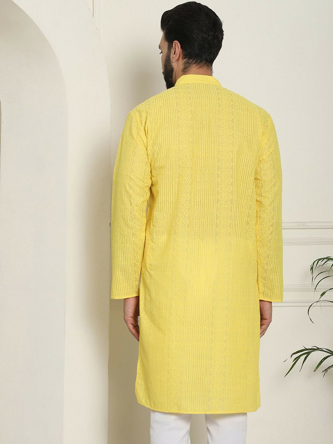 Men's Yellow Geometric Embroidered Kurta – Mandarin Collar, Cotton, Straight Hem, Thread Work Detail | Indiaista