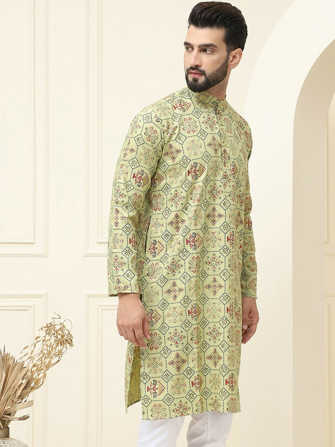 Men’s Green & Black Geometric Printed Cotton Kurta – Mandarin Collar, Knee Length, Regular Fit | Indiaista