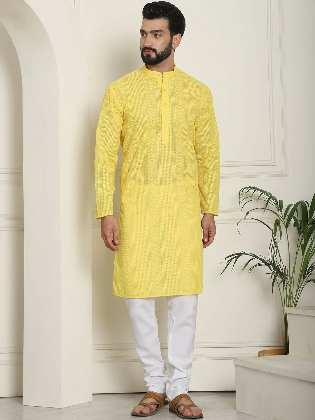 Men's Yellow Geometric Embroidered Kurta – Mandarin Collar, Cotton, Straight Hem, Thread Work Detail | Indiaista