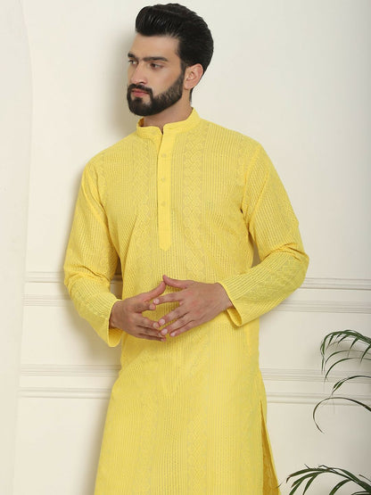 Men's Yellow Geometric Embroidered Kurta – Mandarin Collar, Cotton, Straight Hem, Thread Work Detail | Indiaista