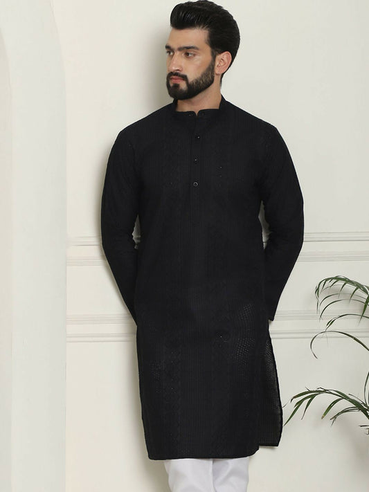 Men's Black Geometric Embroidered Kurta – Mandarin Collar, Thread Work, Pure Cotton | Indiaista