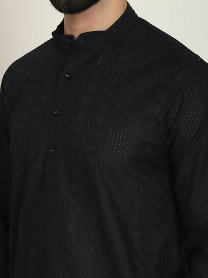 Men's Black Geometric Embroidered Kurta – Mandarin Collar, Thread Work, Pure Cotton | Indiaista