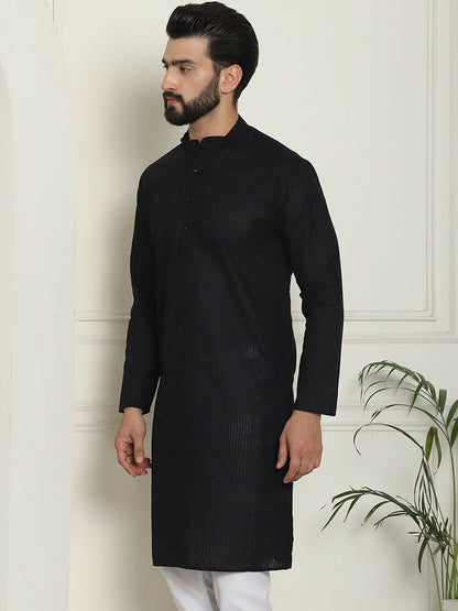 Men's Black Geometric Embroidered Kurta – Mandarin Collar, Thread Work, Pure Cotton | Indiaista