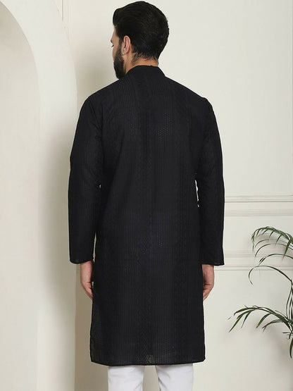 Men's Black Geometric Embroidered Kurta – Mandarin Collar, Thread Work, Pure Cotton | Indiaista