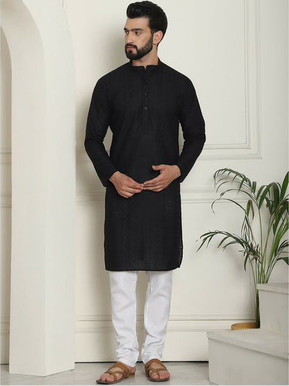 Men's Black Geometric Embroidered Kurta – Mandarin Collar, Thread Work, Pure Cotton | Indiaista