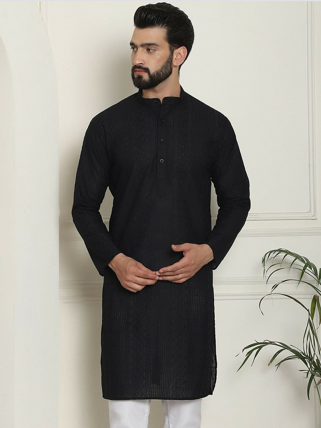 Men's Black Geometric Embroidered Kurta – Mandarin Collar, Thread Work, Pure Cotton | Indiaista