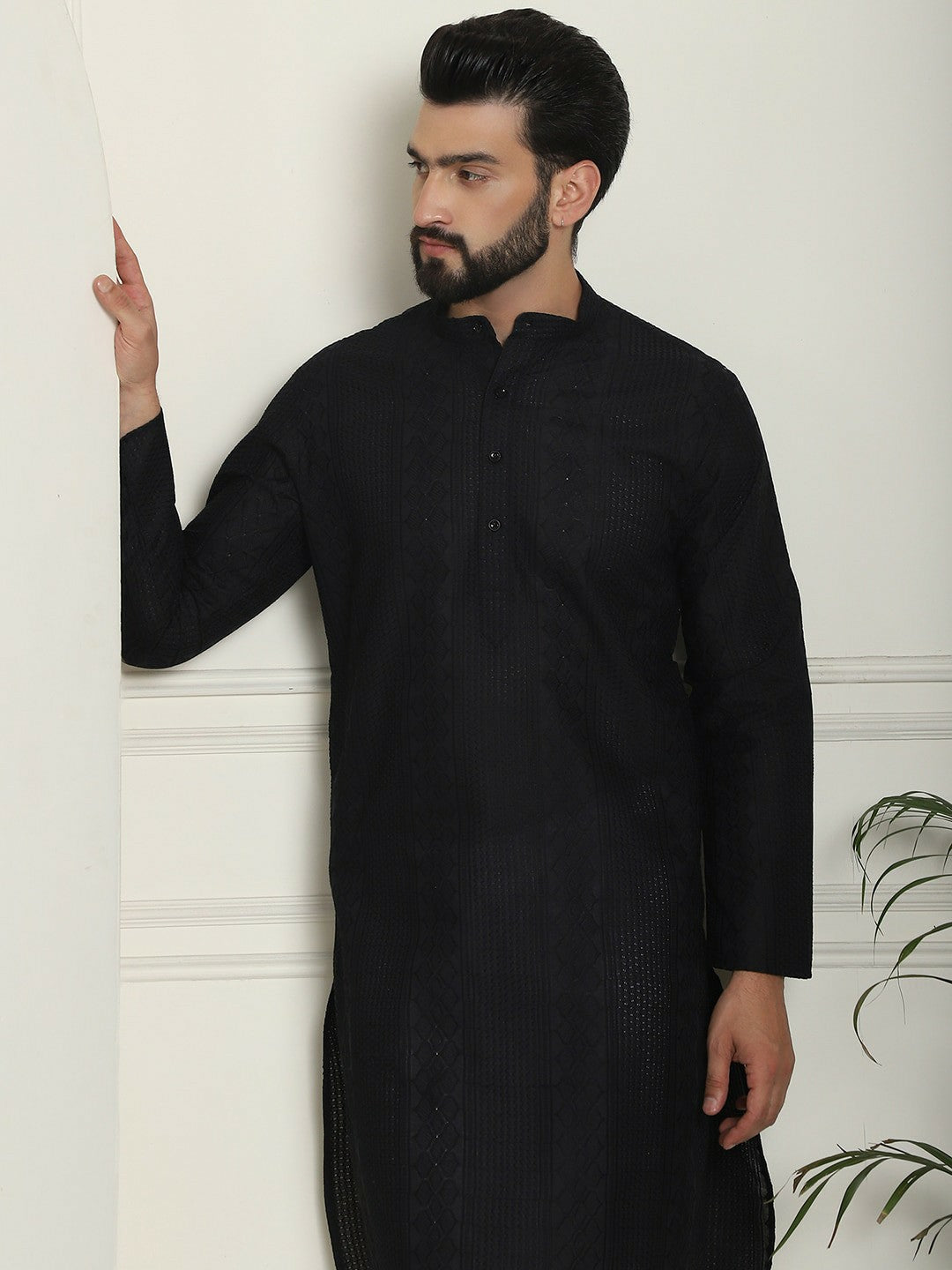 Men's Black Geometric Embroidered Kurta – Mandarin Collar, Thread Work, Pure Cotton | Indiaista