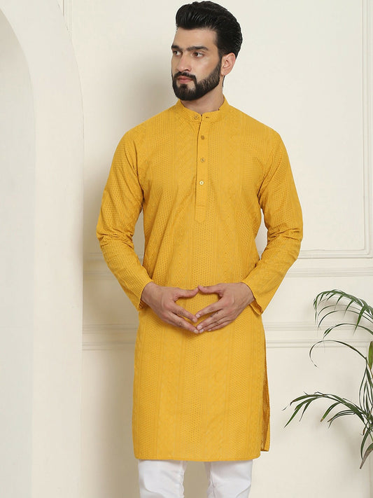 Men's Mustard Yellow Geometric Embroidered Kurta – Mandarin Collar, Thread Work Detail, Cotton Fabric | Indiaista