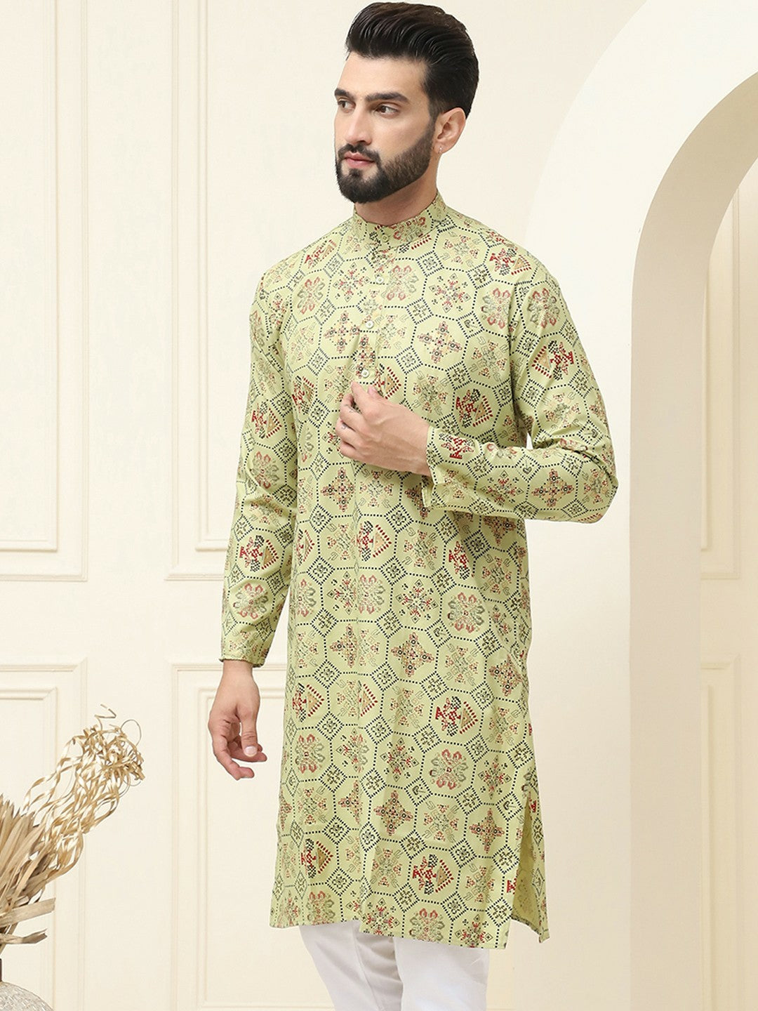 Men’s Green & Black Geometric Printed Cotton Kurta – Mandarin Collar, Knee Length, Regular Fit | Indiaista