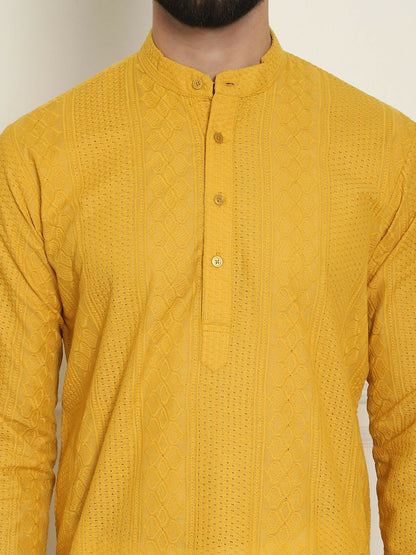 Men's Mustard Yellow Geometric Embroidered Kurta – Mandarin Collar, Thread Work Detail, Cotton Fabric | Indiaista