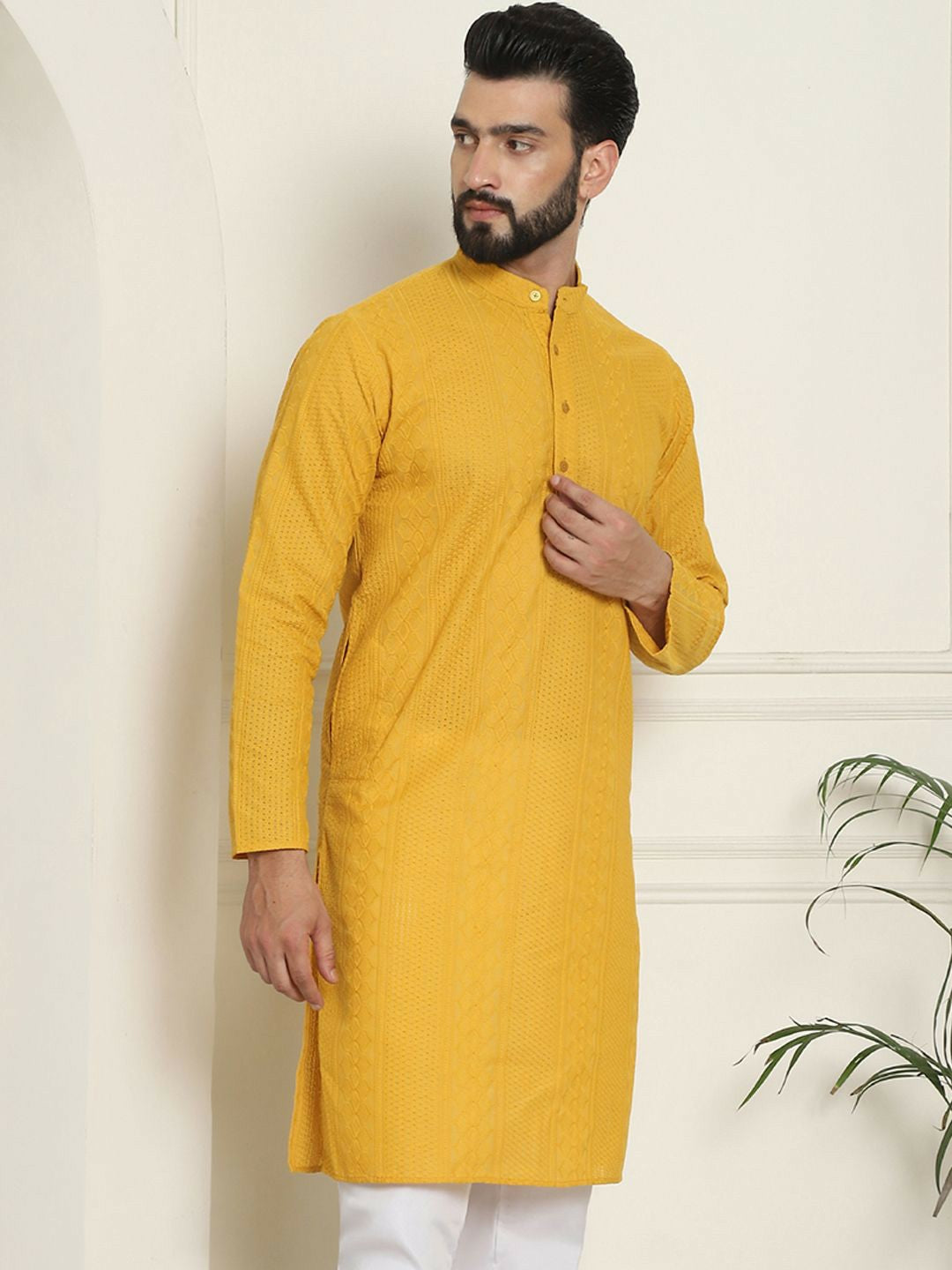 Men's Mustard Yellow Geometric Embroidered Kurta – Mandarin Collar, Thread Work Detail, Cotton Fabric | Indiaista