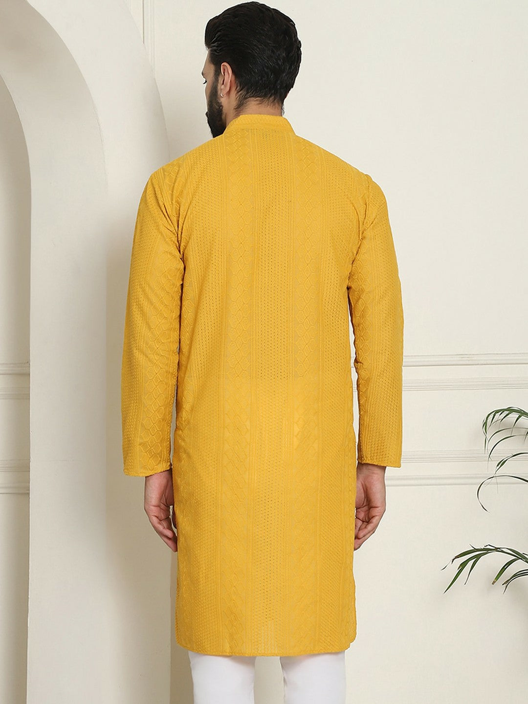 Men's Mustard Yellow Geometric Embroidered Kurta – Mandarin Collar, Thread Work Detail, Cotton Fabric | Indiaista