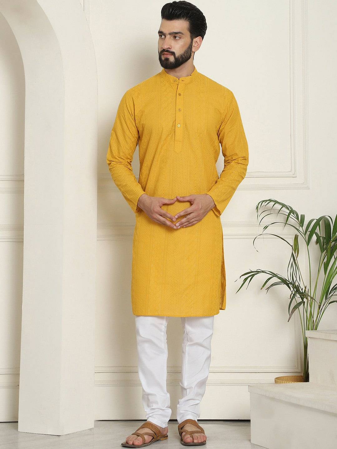 Men's Mustard Yellow Geometric Embroidered Kurta – Mandarin Collar, Thread Work Detail, Cotton Fabric | Indiaista