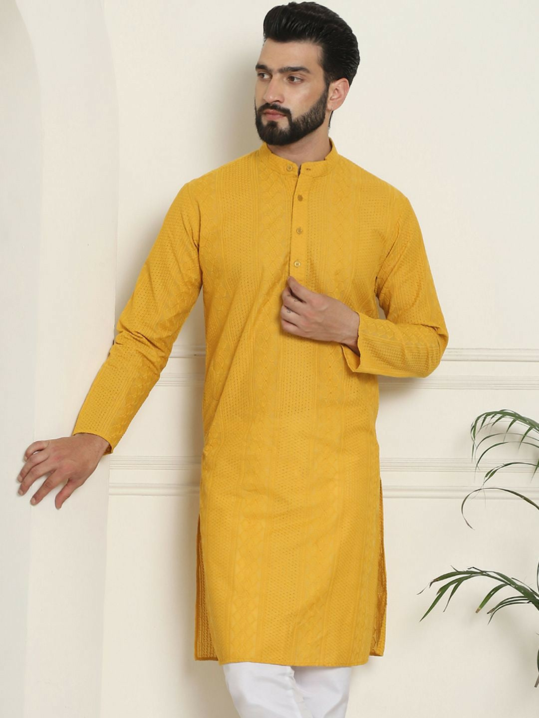 Men's Mustard Yellow Geometric Embroidered Kurta – Mandarin Collar, Thread Work Detail, Cotton Fabric | Indiaista