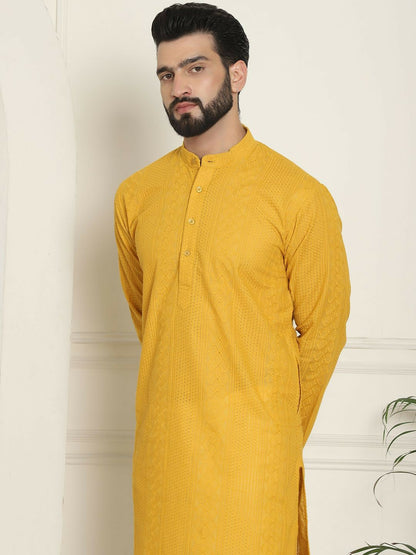 Men's Mustard Yellow Geometric Embroidered Kurta – Mandarin Collar, Thread Work Detail, Cotton Fabric | Indiaista