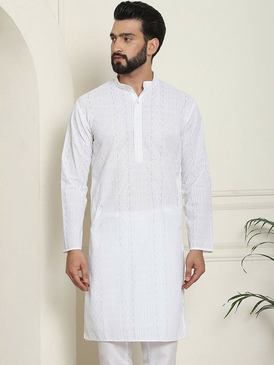 Men's White Thread Work Kurta – Striped Woven Design, Angrakha Style, Mandarin Collar | Indiaista