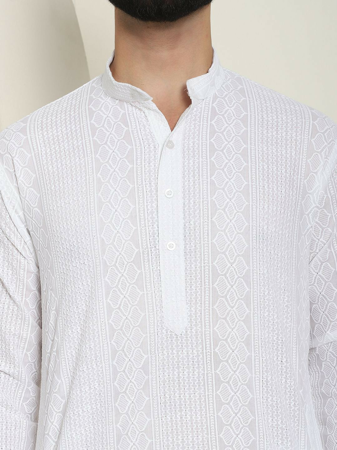 Men's White Thread Work Kurta – Striped Woven Design, Angrakha Style, Mandarin Collar | Indiaista