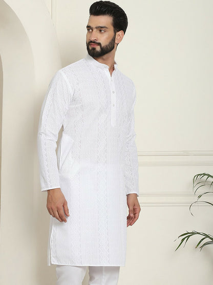 Men's White Thread Work Kurta – Striped Woven Design, Angrakha Style, Mandarin Collar | Indiaista