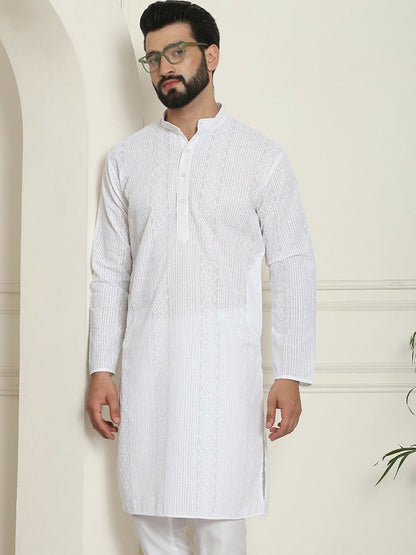 Men's White Thread Work Kurta – Striped Woven Design, Angrakha Style, Mandarin Collar | Indiaista