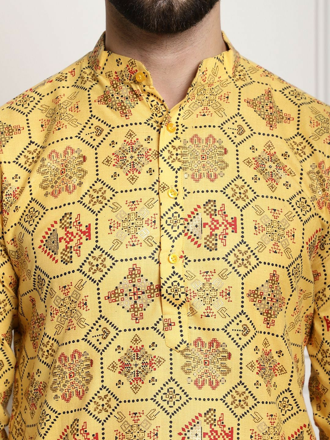 Yellow Ethnic Motifs Printed Men’s Kurta – Mandarin Collar, Cotton Linen, Knee Length | Indiaista