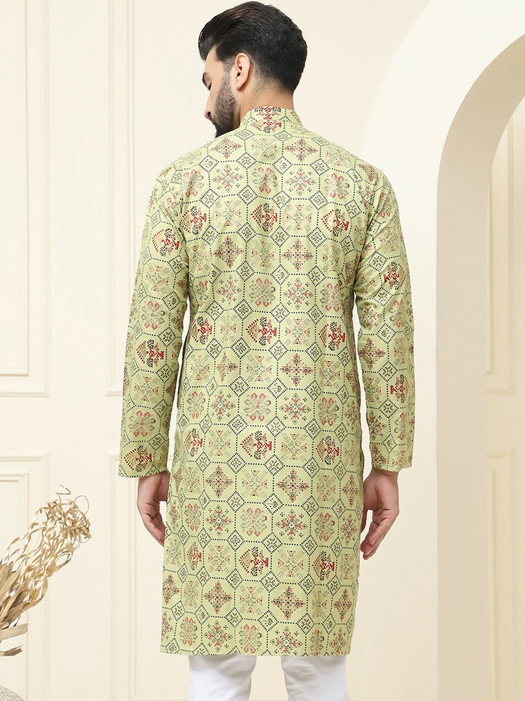 Men’s Green & Black Geometric Printed Cotton Kurta – Mandarin Collar, Knee Length, Regular Fit | Indiaista