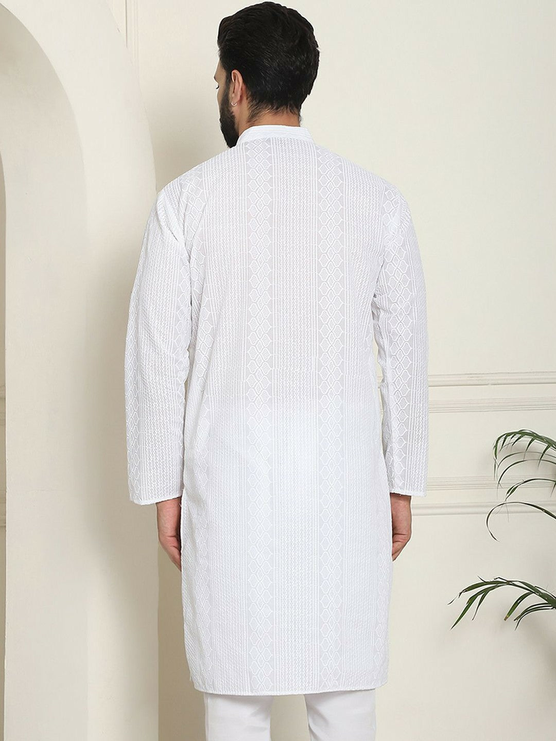 Men's White Thread Work Kurta – Striped Woven Design, Angrakha Style, Mandarin Collar | Indiaista