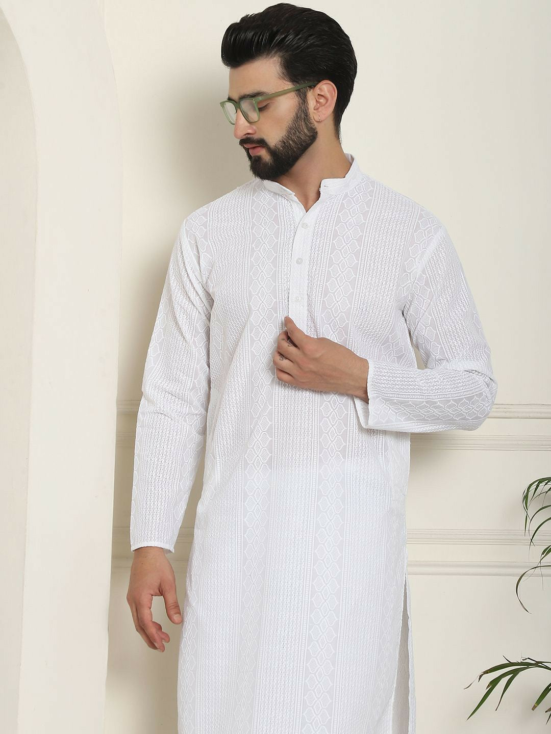 Men's White Thread Work Kurta – Striped Woven Design, Angrakha Style, Mandarin Collar | Indiaista