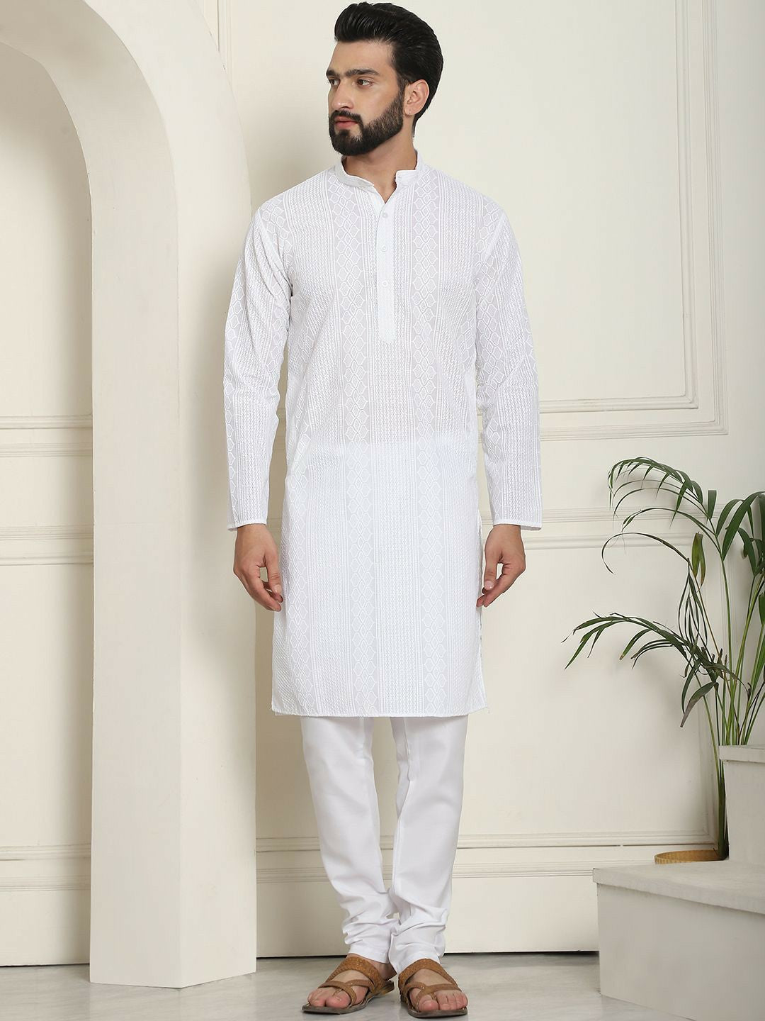 Men's White Thread Work Kurta – Striped Woven Design, Angrakha Style, Mandarin Collar | Indiaista